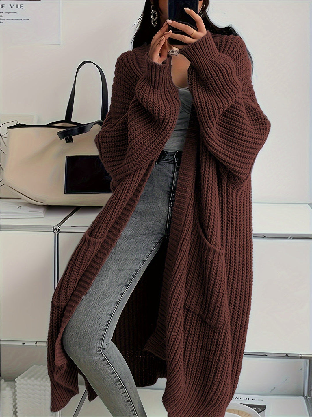 Drune | Lange Aufgenähte Taschen Wolle Strickjacke Für Damen - Perfekt für Alltag