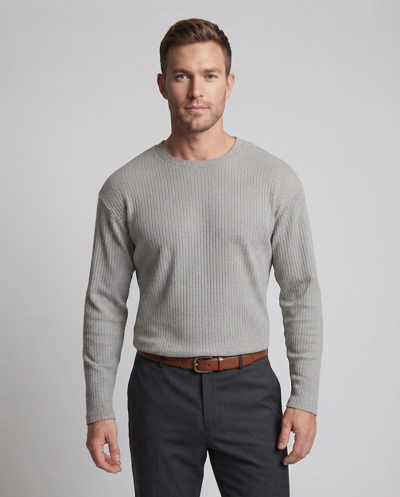 Herren geripptes Langarmshirt mit Rundhalsausschnitt und relaxed Fit Drune