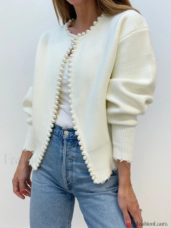 Drune | Knit cardigan with pearl embellishments and frayed hem