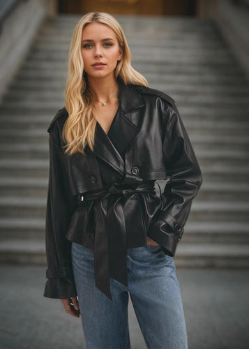 Drune | Kunstleder gekürzte Gürteltrenchjacke