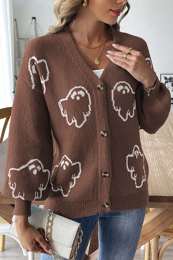 Drune | Cozy Halloween ghost knit sweater with button placket