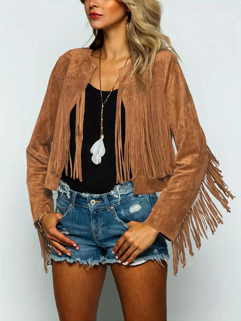Drune | Offene Jacke mit Fransen Saum Im Wildleder Look