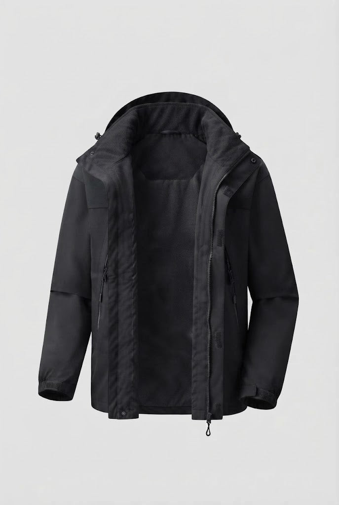Herren zwei-lagige Softshell Outdoor-Jacke mit herausnehmbarer Fleece-Innenjacke und Kapuze Drune