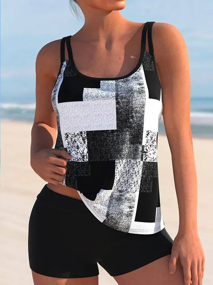 Drune Tankini mit doppeltem Träger und geometrischem Aufdruck