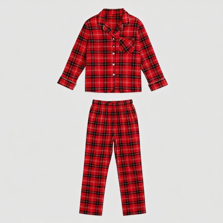 Drune | Weihnachts-Paar-Matching Rote Karierte Button-Up Langarm-Pyjama-Sets Mit Hund