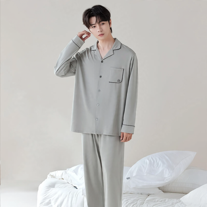Lyocell-Baumwoll-Schlafanzug, Unisex, V-Ausschnitt