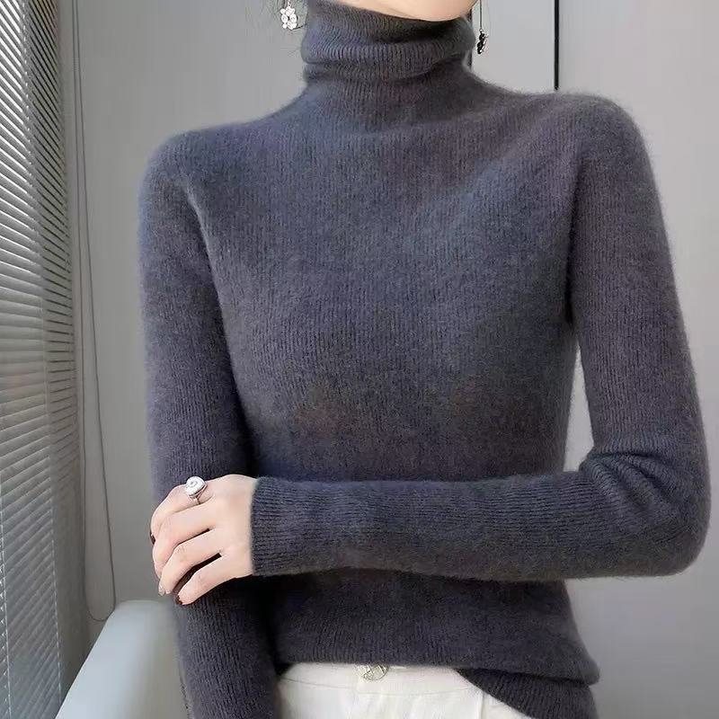 Damen-Woll-Strickpullover, Stehkragen, schmal geschnitten