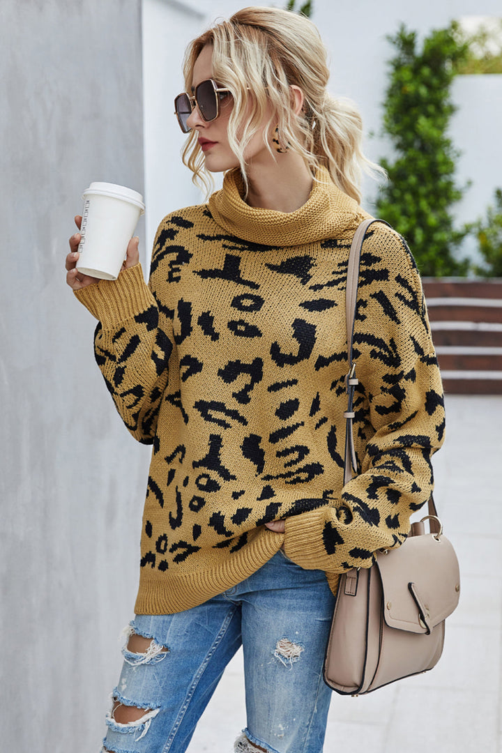 Drune Lockere Leopardenmuster Umlegekragen Pullover