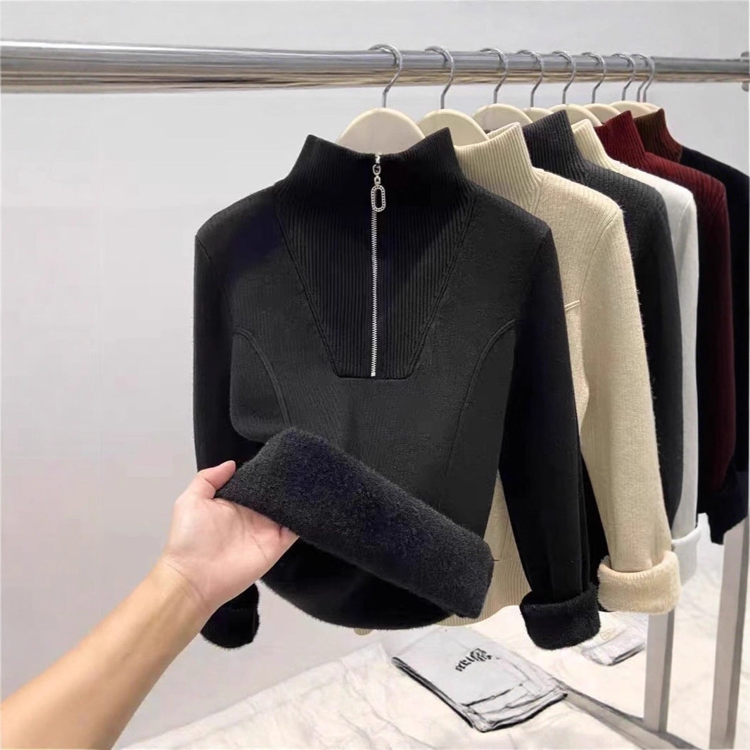 Gefütterter Damen-Strickpullover mit Reißverschluss