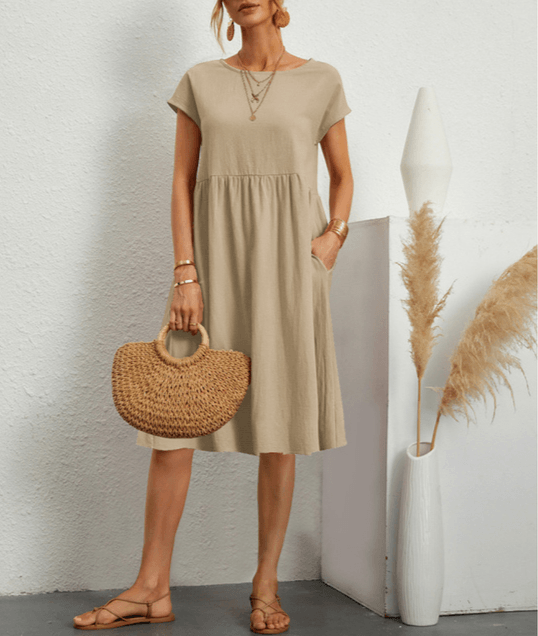 Drune | Baumwolle Leinen Kurzarm Midi Kleid