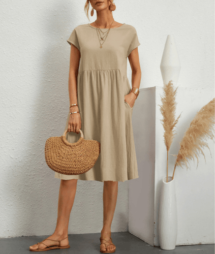 Drune | Baumwolle Leinen Kurzarm Midi Kleid