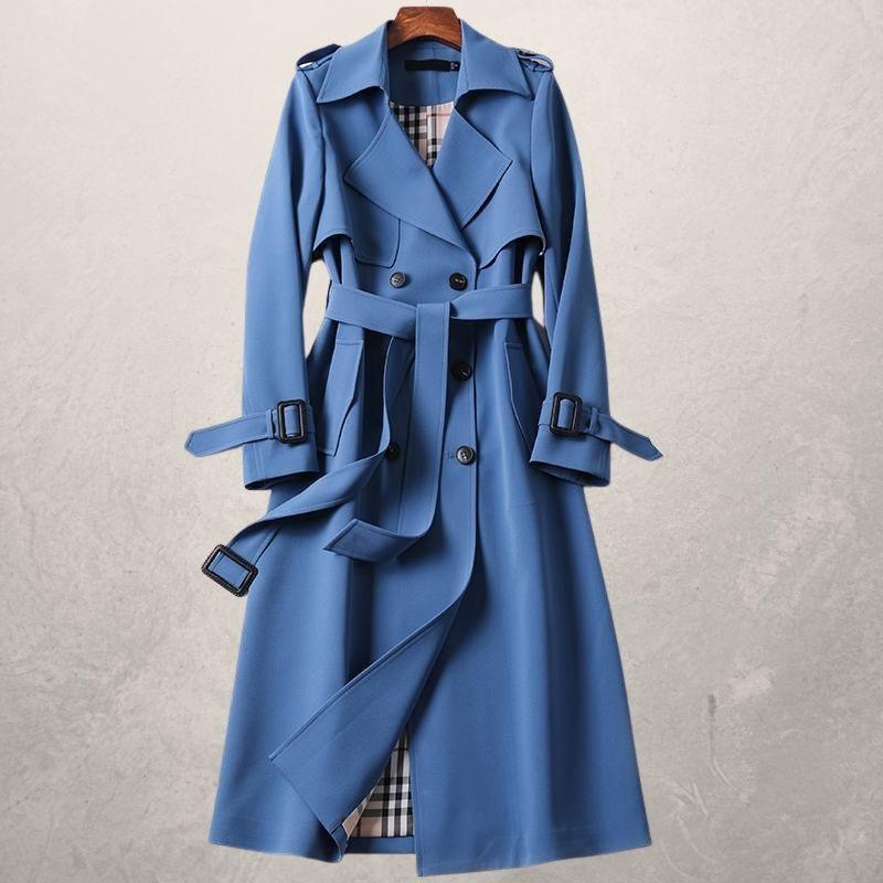 Drune | Trenchcoat Lang Klassisch Schnitt Doppelreiher mit Gürtel und Sturmklappe