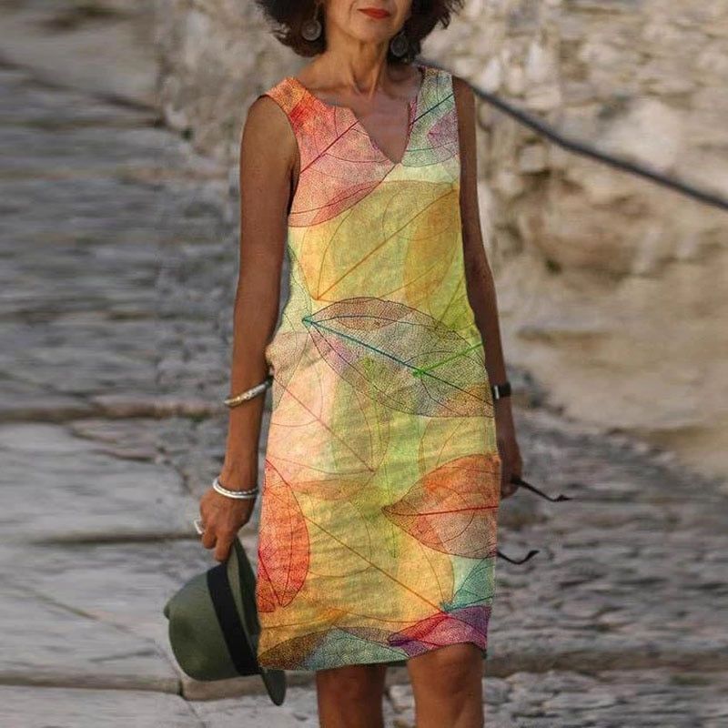 Drune | Damen Helles Blätter Kleid Ärmellos