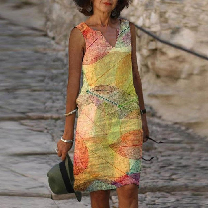 Drune | Damen Helles Blätter Kleid Ärmellos