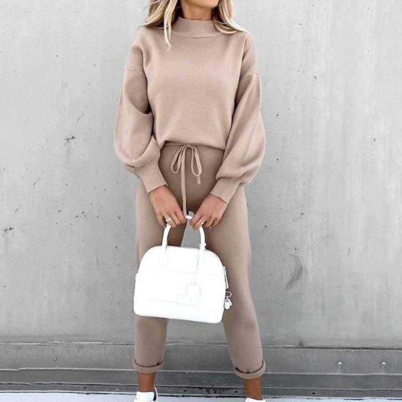 Drune | Gemütlicher Anzug Lässiger Pullover Mit Ballonärmeln Hochtaillierte Jogginghosen Mit Kordelzug