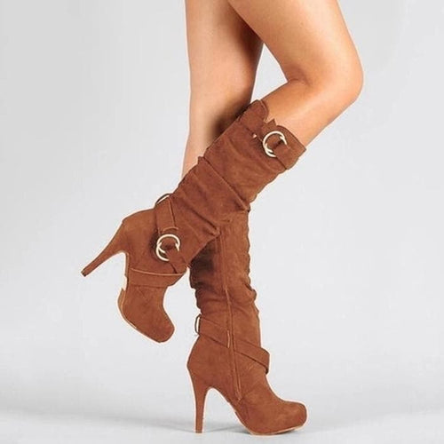 Drune | Kniehohe Stiefel Wildleder Lässige Passform Hohe Stiletto Absätze Schnallen Details