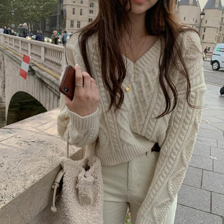 Drune | Strickpullover - Kabelstrick - V-Ausschnitt - Lässige Passform - Lange Ärmel