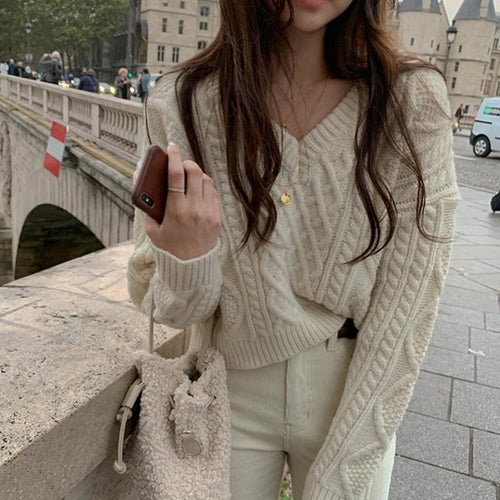 Drune | Strickpullover - Kabelstrick - V-Ausschnitt - Lässige Passform - Lange Ärmel