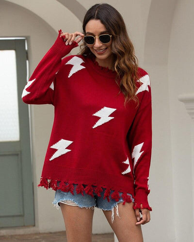 Drune | Strickpullover - Lockere Passform - Blitzmuster & Fransen Saum