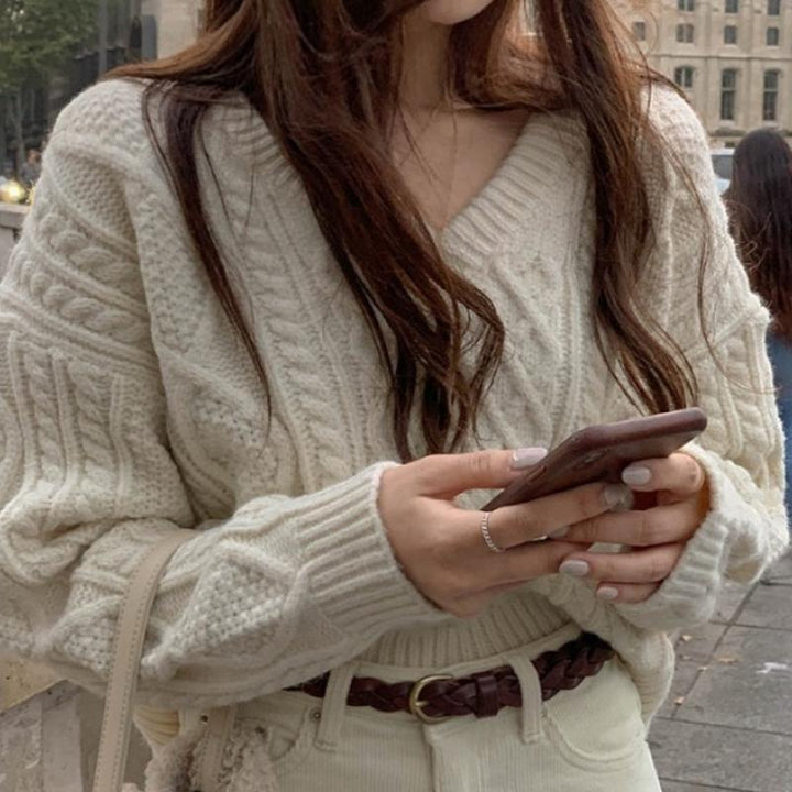 Drune | Strickpullover - Kabelstrick - V-Ausschnitt - Lässige Passform - Lange Ärmel