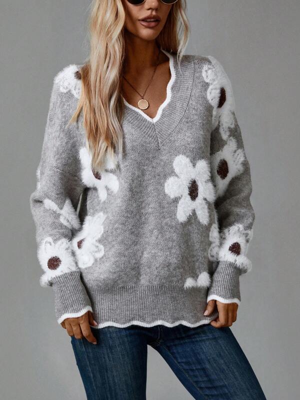 Drune | Grauer Pullover mit Blumen und V-Ausschnitt