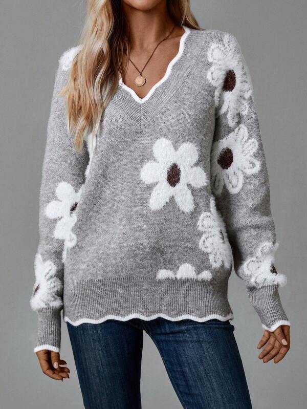 Drune | Grauer Pullover mit Blumen und V-Ausschnitt