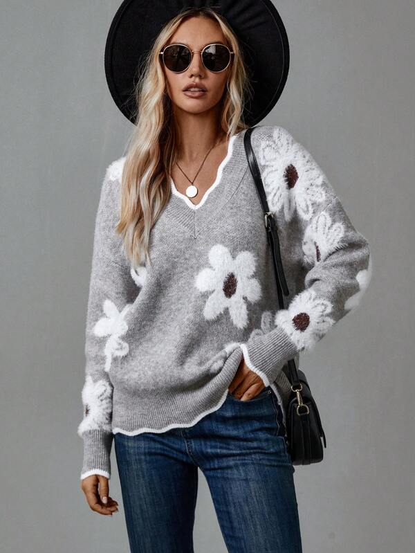 Drune | Grauer Pullover mit Blumen und V-Ausschnitt