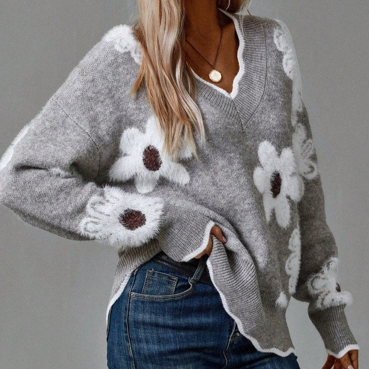 Drune | Grauer Pullover mit Blumen und V-Ausschnitt