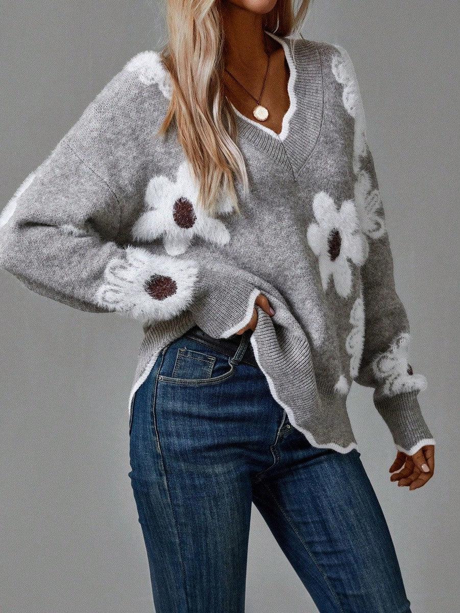 Drune | Grauer Pullover mit Blumen und V-Ausschnitt