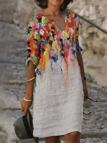 Drune | Damenkleid Aus Baumwolle Und Leinen Mit Ausschnitt Und Druck Mit Ölgemälde