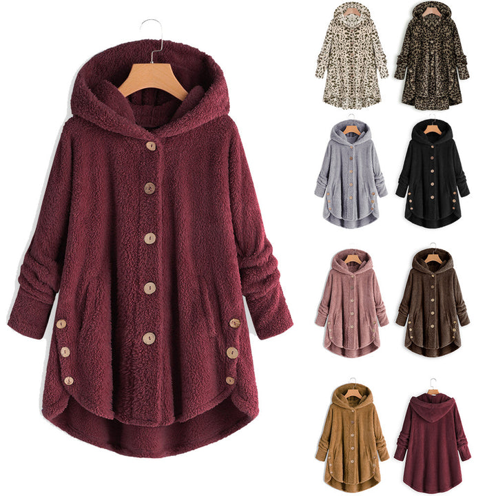 Damen Lässige Kapuzenjacke mit tierischen Mustern und Knopfdetails Drune