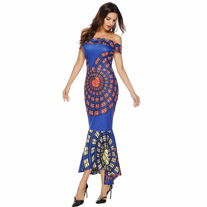 Damen Off-Shoulder Maxikleid mit einzigartigem Muster und asymmetrischem Saum Drune