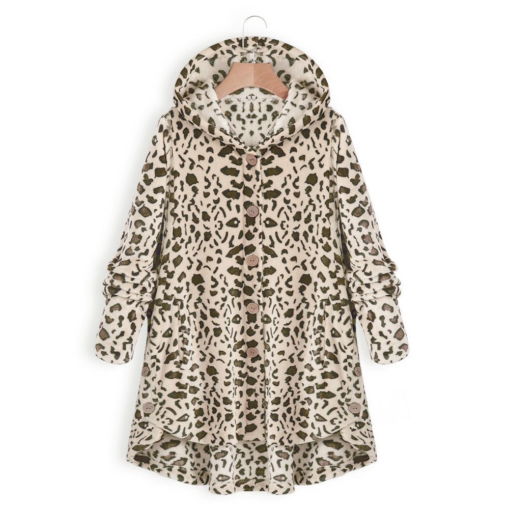 Damen Lässige Kapuzenjacke mit tierischen Mustern und Knopfdetails Drune