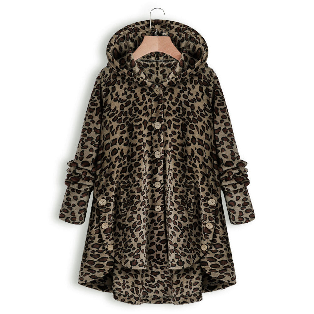Damen Lässige Kapuzenjacke mit tierischen Mustern und Knopfdetails Drune