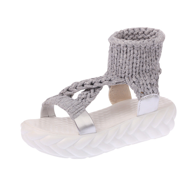 Damen nan handgeflochtene Strick-Sandalette mit elastischem Knöchelsteg und ergonomischer Schaumpolstersohle Drune