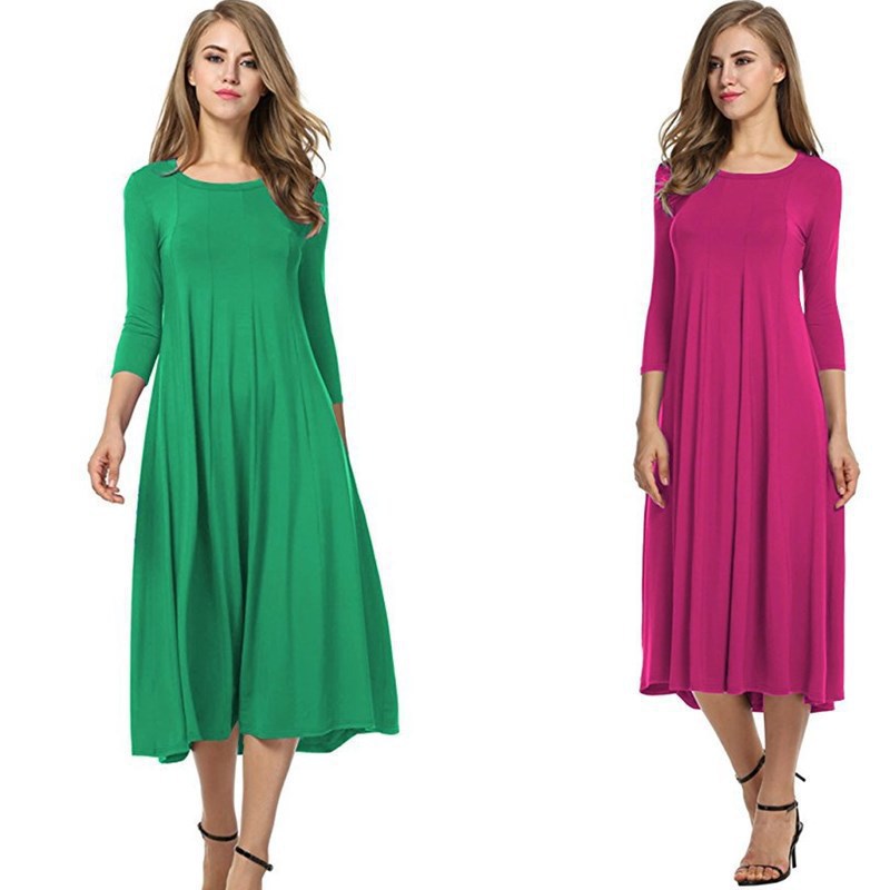 Damen Alltagstaugliches Midikleid mit 3/4-Ärmeln und schwingendem Rock Drune
