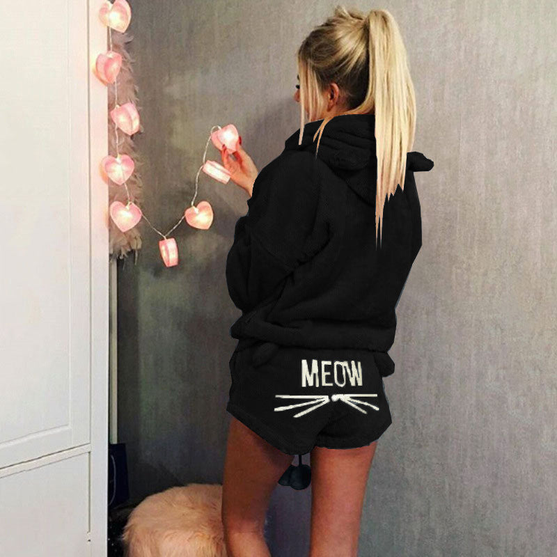 Damen nan kuscheliges zweiteiliges Lounge-Set mit Kapuzenpullover und Shorts mit MEOW-Stickerei Drune
