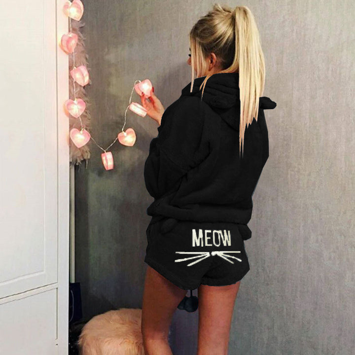Damen nan kuscheliges zweiteiliges Lounge-Set mit Kapuzenpullover und Shorts mit MEOW-Stickerei Drune