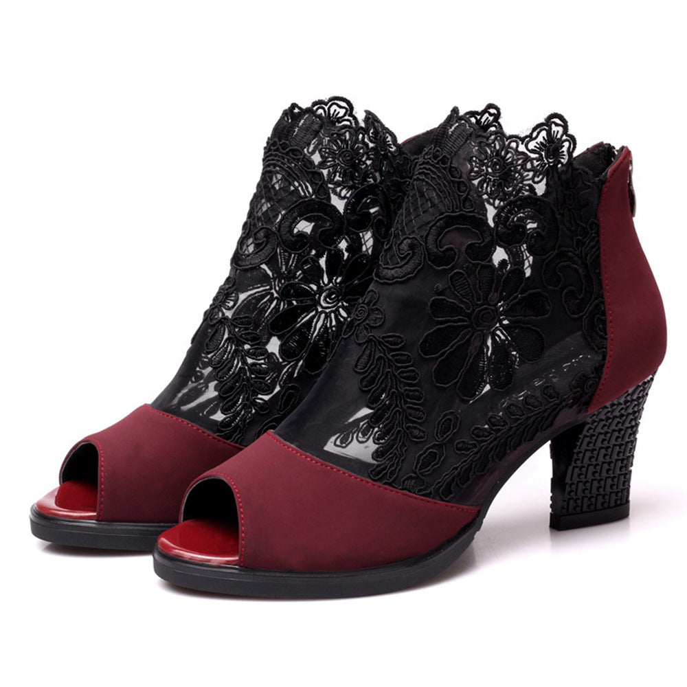 Damen nan Stiefelette mit offenem Zehenbereich, Spitzenobermaterial, floraler Stickerei und komfortablem Blockabsatz Drune