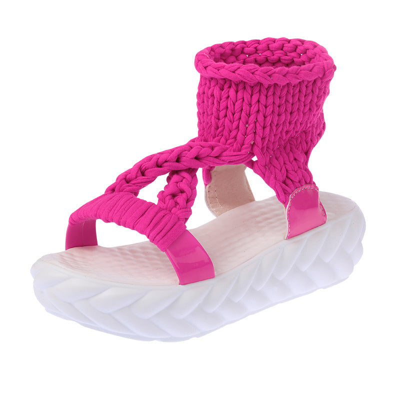 Damen nan handgeflochtene Strick-Sandalette mit elastischem Knöchelsteg und ergonomischer Schaumpolstersohle Drune