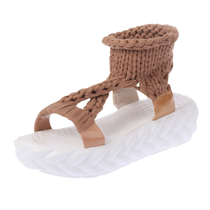 Damen nan handgeflochtene Strick-Sandalette mit elastischem Knöchelsteg und ergonomischer Schaumpolstersohle Drune