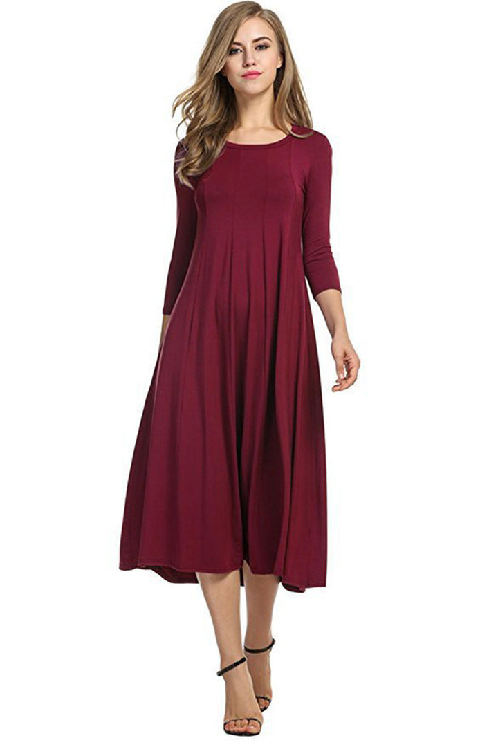 Damen Alltagstaugliches Midikleid mit 3/4-Ärmeln und schwingendem Rock Drune