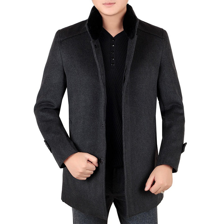 Herren Eleganter Wollmix-Kurzmantel mit hochschließendem Pelzkragen und verdeckter Knopfleiste Drune