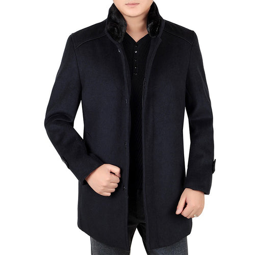 Herren Eleganter Wollmix-Kurzmantel mit hochschließendem Pelzkragen und verdeckter Knopfleiste Drune