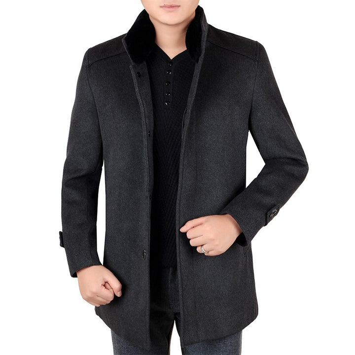 Herren Eleganter Wollmix-Kurzmantel mit hochschließendem Pelzkragen und verdeckter Knopfleiste Drune