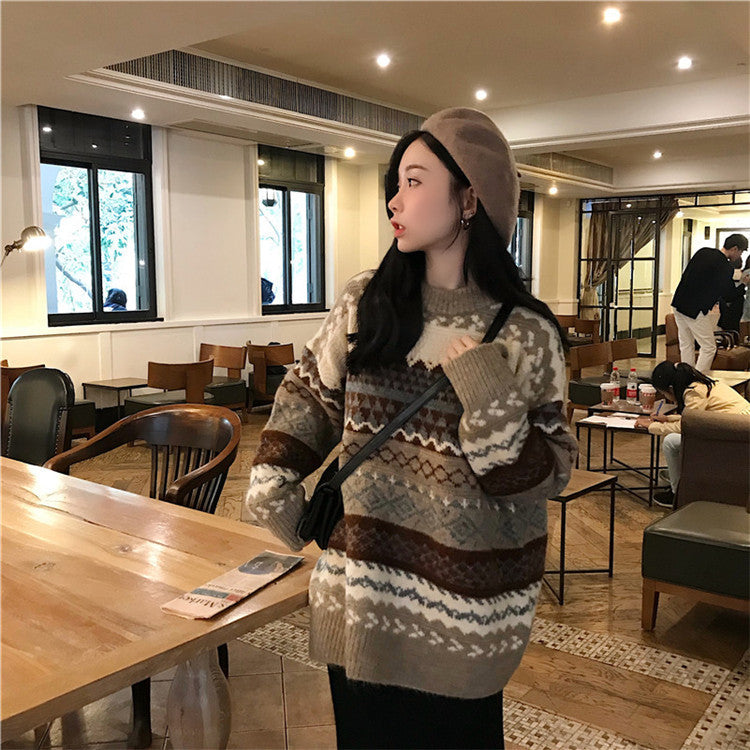 Damen Komfortabler Strickpullover im Retro-Musterdesign Drune