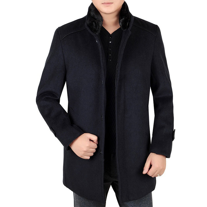 Herren Eleganter Wollmix-Kurzmantel mit hochschließendem Pelzkragen und verdeckter Knopfleiste Drune