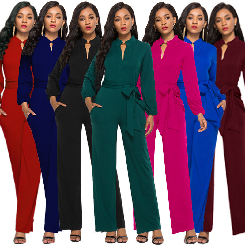 Damen Eleganter Jumpsuit mit tailliertem Schnitt und langen Ärmeln Drune