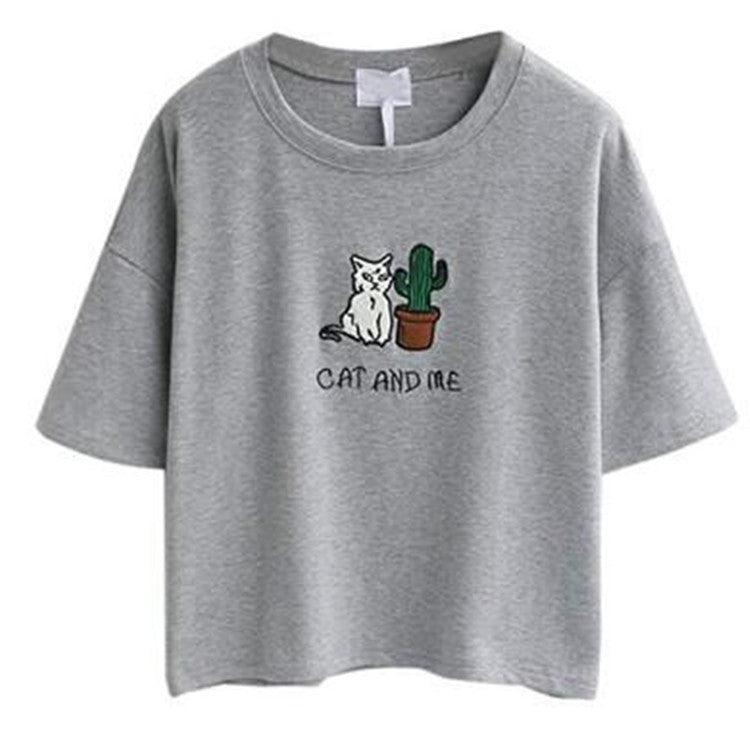 Damen lässiges T-Shirt mit süßem Katzen- und Pflanzenmotiv Drune