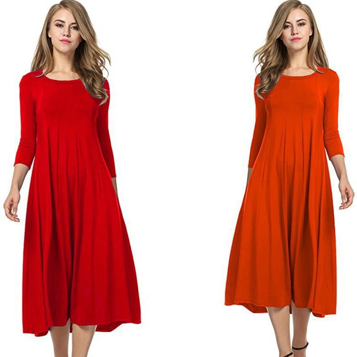 Damen Alltagstaugliches Midikleid mit 3/4-Ärmeln und schwingendem Rock Drune